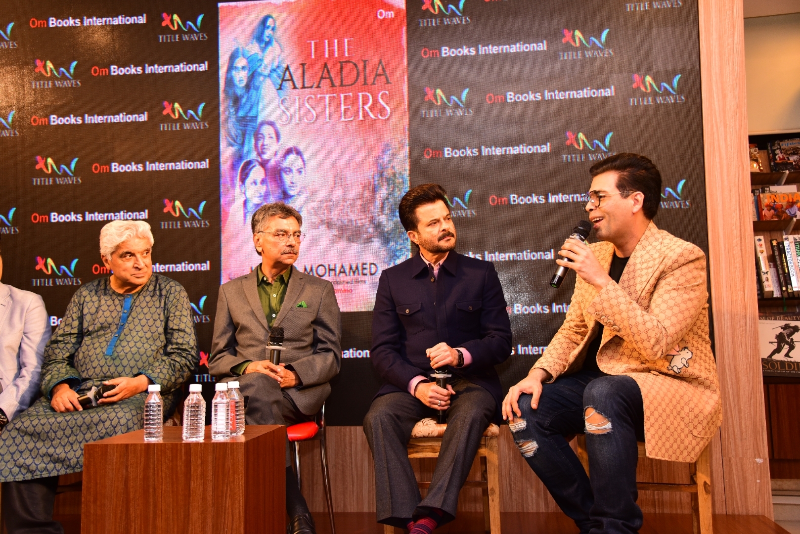 Journalist and author Khalid Mohamed with filmmaker Karan Johar, poet, lyricist and screenwriter Javed Akhtar and actor Anil Kapoor at the launch of his book "The Aladia Sisters" in Mumbai on Oct 7, 2019. (Photo: IANS)