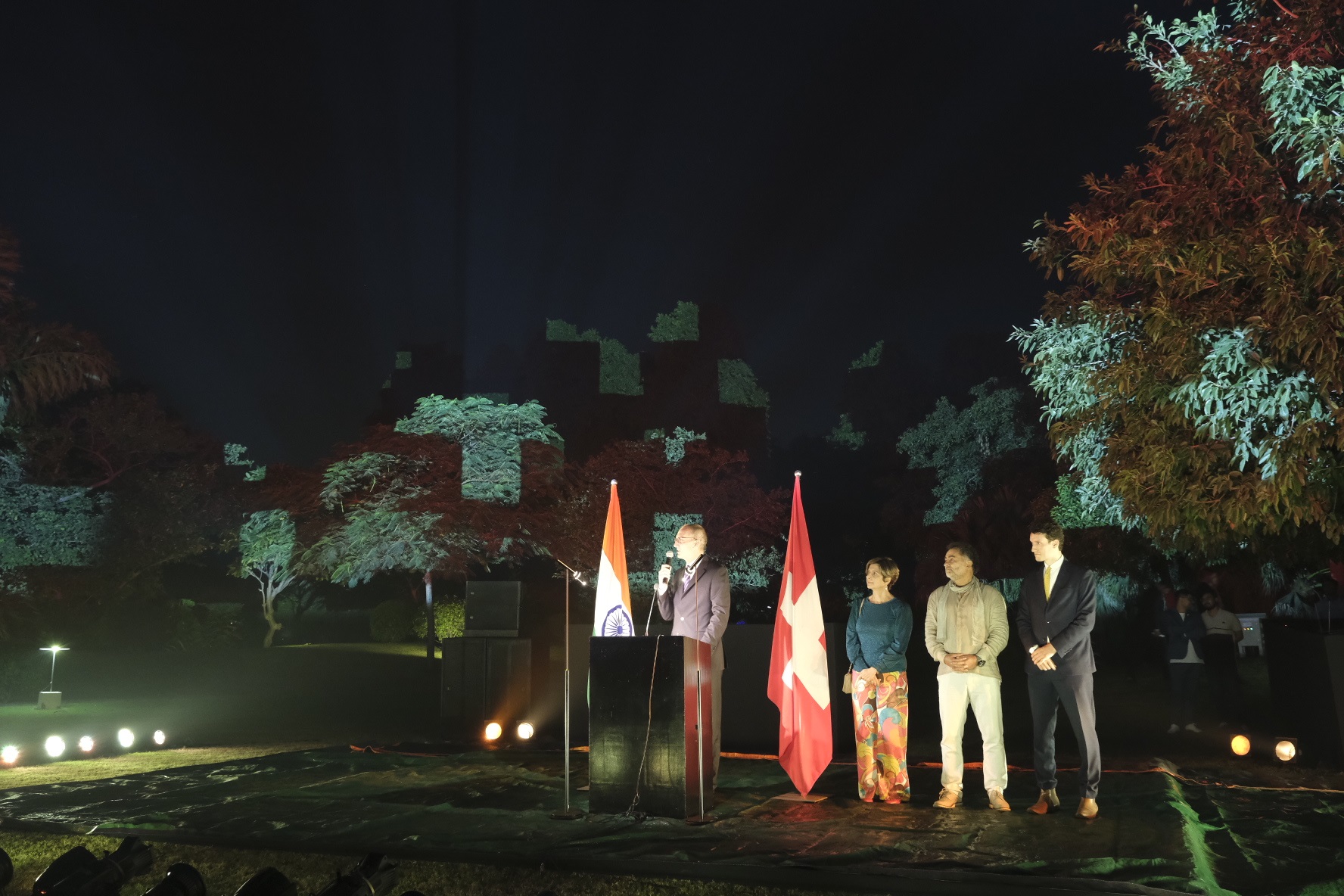 (L-R) Dr. Ralf Heckner, Ambassador of Switzerland to India and Bhutan with his wife, Gerry Hofstetter, Swiss Light Artist & Simon Sevan Schäfer, Head of Culture