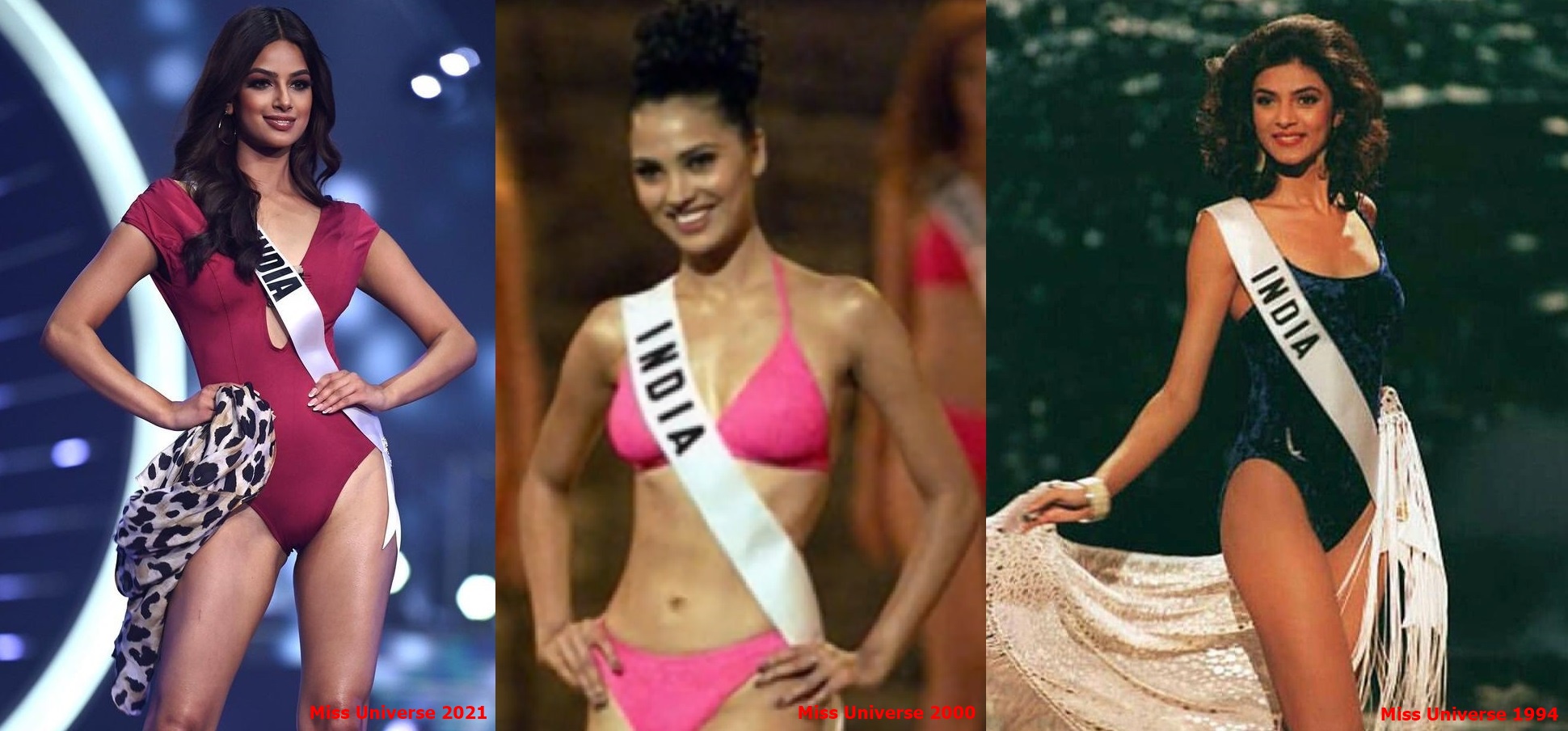 (L-R) Harnaaz Sandhu - Miss Universe 2021, Lara Dutta - Miss Universe 2000 and Sushmita Sen - Miss Universe 1994 