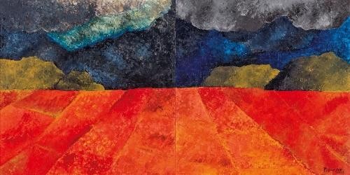 AKBAR PADAMSEE (1928-2020) UNTITLED (MIRROR IMAGE) OIL ON CANVAS; DIPTYCH 48 X 96 IN. (121.9 X 243.8 CM.) PAINTED IN 2005, ESTIMATE: $600,000-800,000