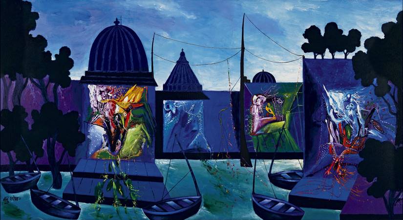 Manu Parekh, Varanasi In Moon Light, Acrylic on canvas