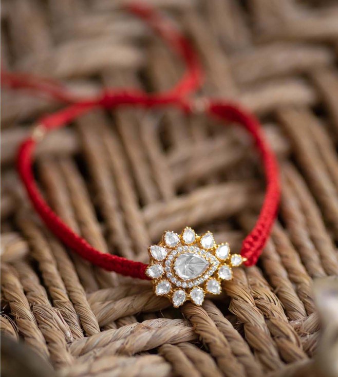 6. PRANAY BAIDYA Silver Moissanite Polki 22K Gold Plated Handwoven Silk Thread Rakhi
