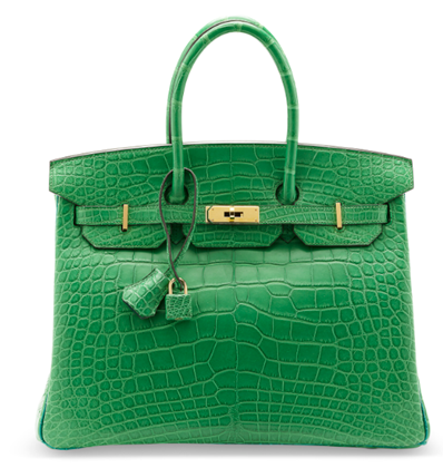 A custom matte Cactus and Malachite alligator Birkin 35 with gold hardware, Hermès, 2014. Estimate: €24,000-30,000. Offered in Inside the Orange Box: Part III, 13-28 June 2023 at Christie’s Online