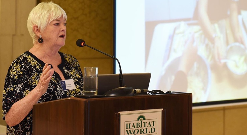 Stephanie Alexander AO addresses a press conference in New Delhi. (Photo: growcookeat/Instagram)
