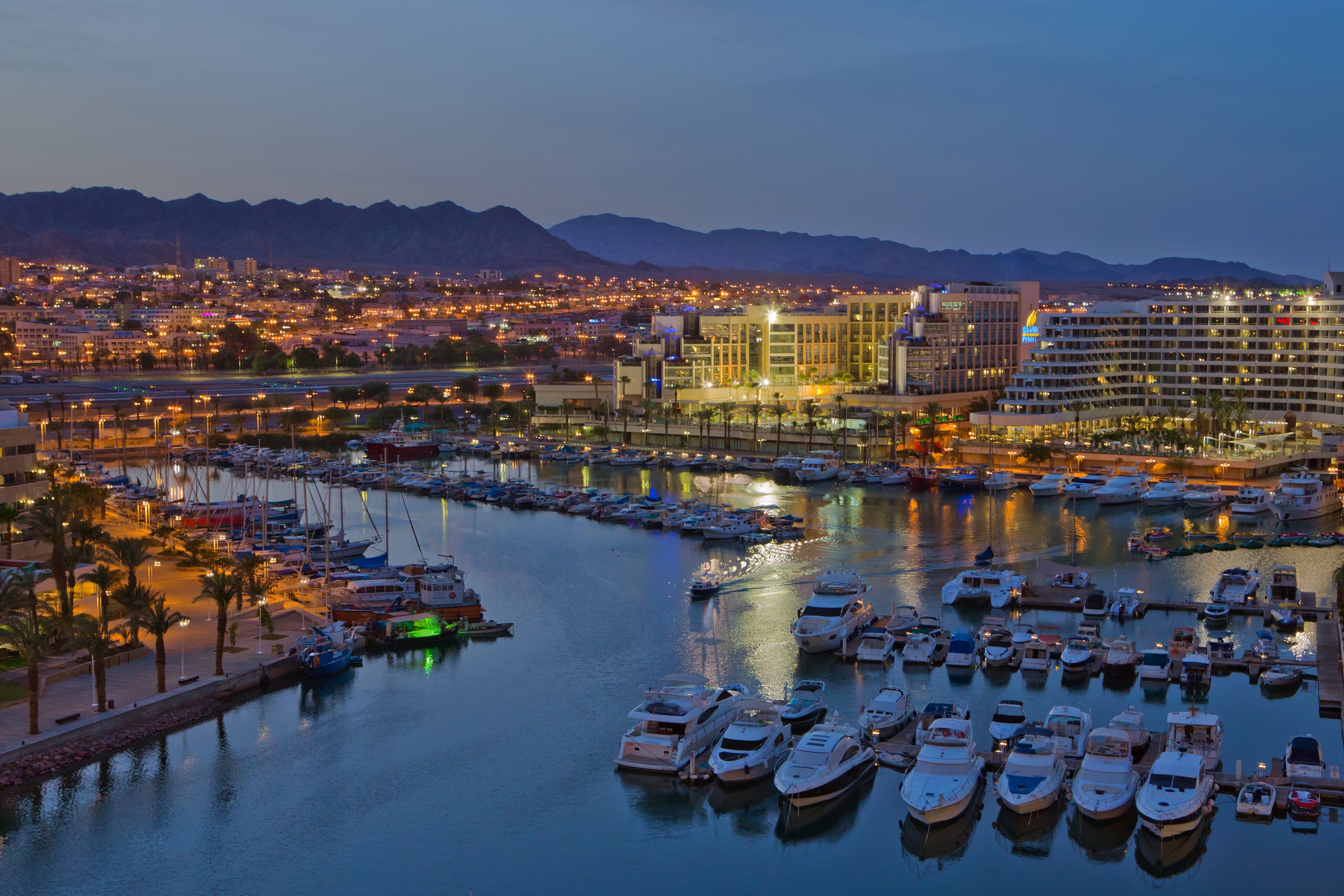 A panoramic view of the Eilat Marina at night (Photo credit - Dafna Tal and Israel Ministry of Tourism)