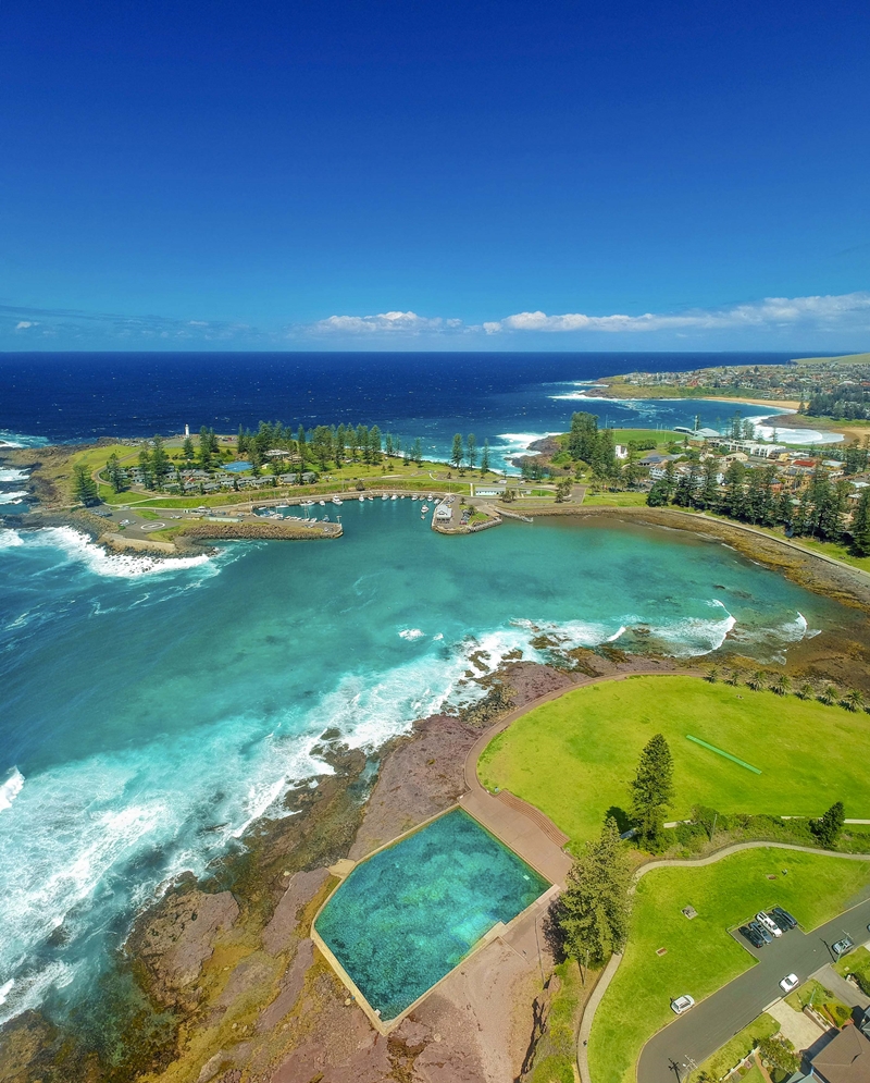 Aerial overlooking Kiama Harbour and the Continental Ocean Pool in Kiama.