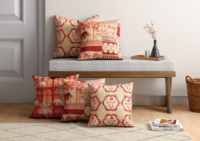 Ancient Haathi Blended Velvet Cushion Cover Set of 5 by India Circus