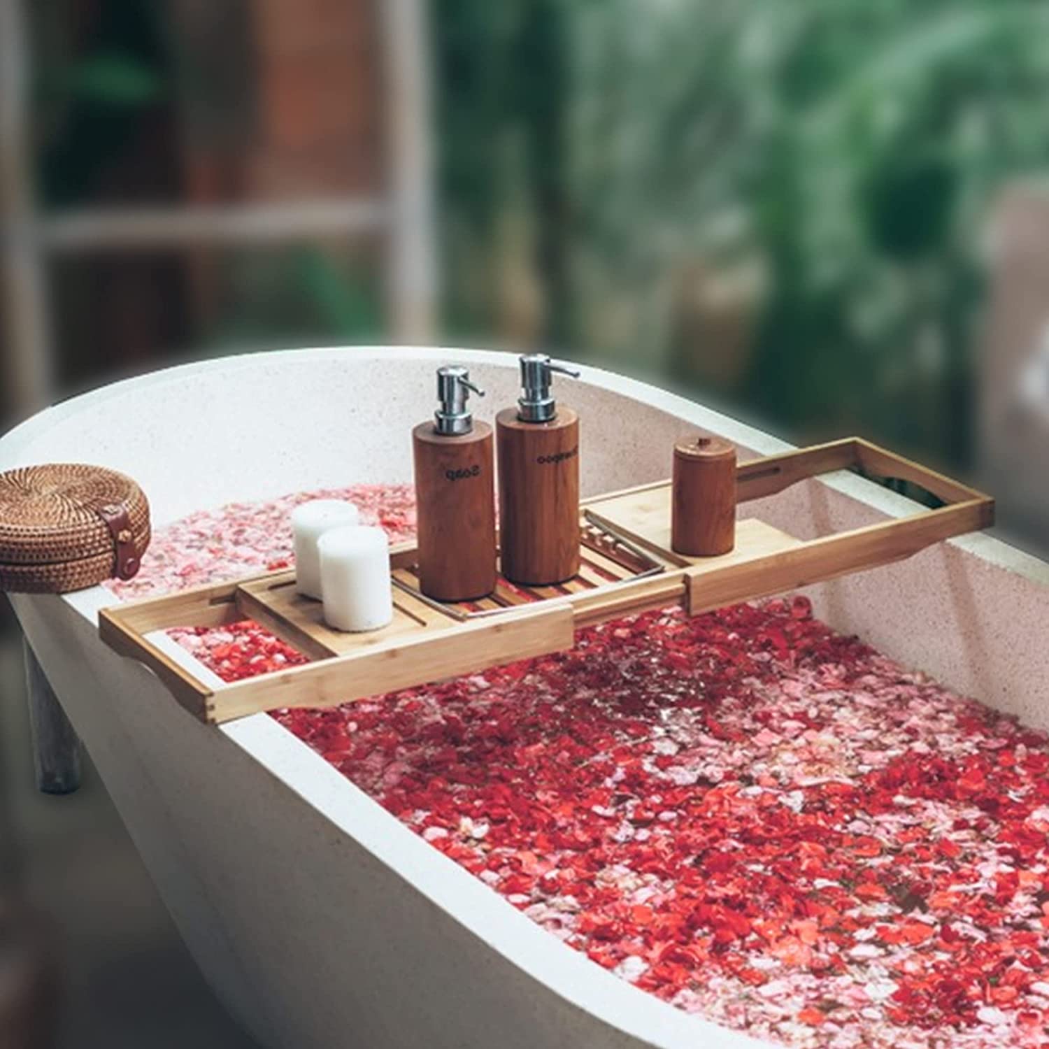 Anko Bamboo & Steel Extendable Bath Caddy Tray for Bathroom, Washroom