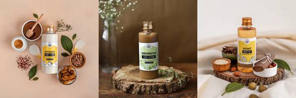 (L-R) Ashtagandh Lotion, Vanyamrutam Body Lotion, Kayakey Body Oil 