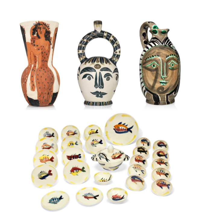 Top (left-right): Pablo Picasso, Bottom: Pablo Picasso, Grand vase aux femmes voiles, 1950, estimate: £100,000 150,000 Pablo Picasso, Vase aztèque aux quatre visages, 1957, estimate: £60,000-80,000 Pablo Picasso, Femme du barbu, 1953, estimate: £25,000-35,000) and Service poisson, 1947, estimate: £55,000-75,000
