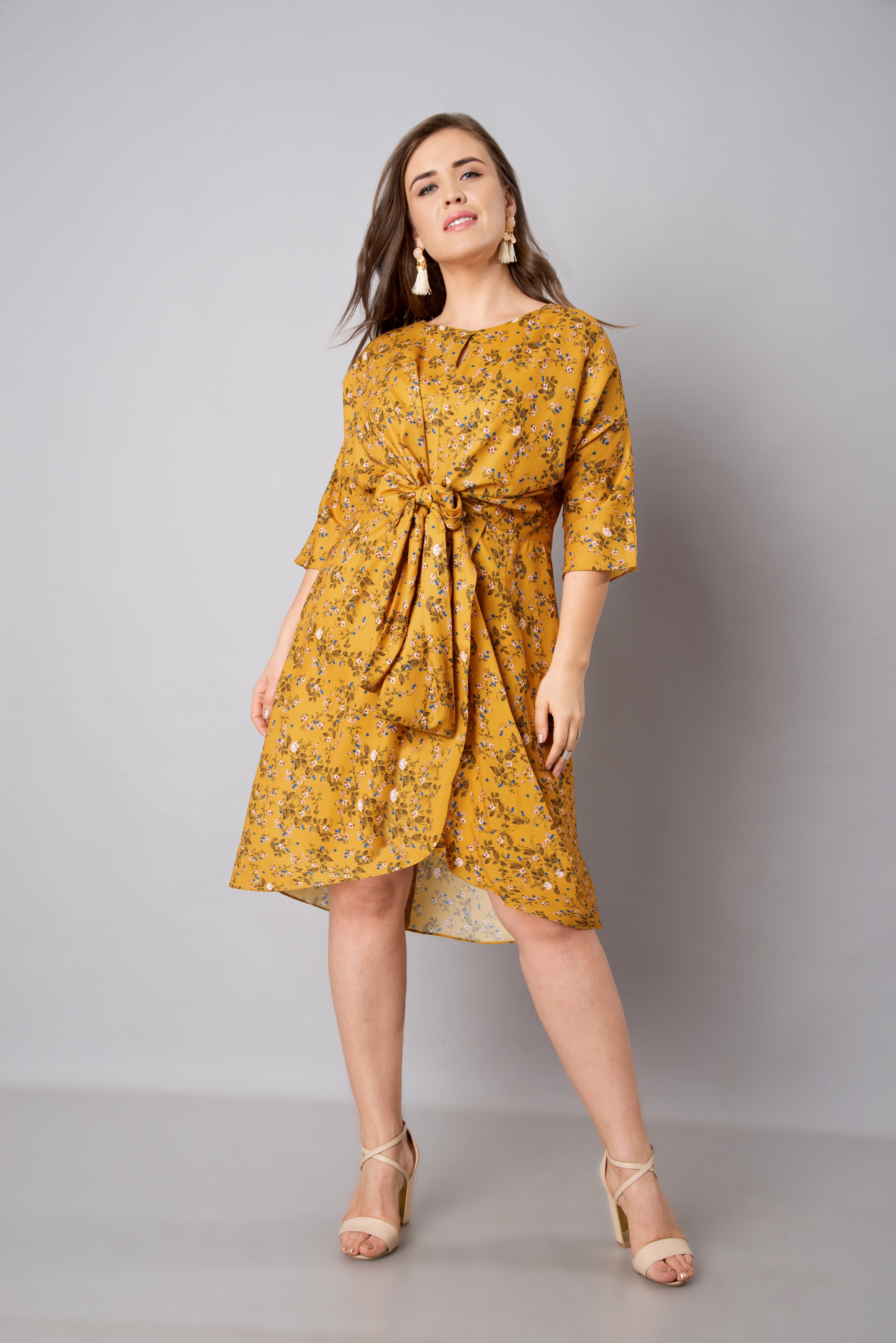 CURVE Mustard Tie Up Ditsy Dress