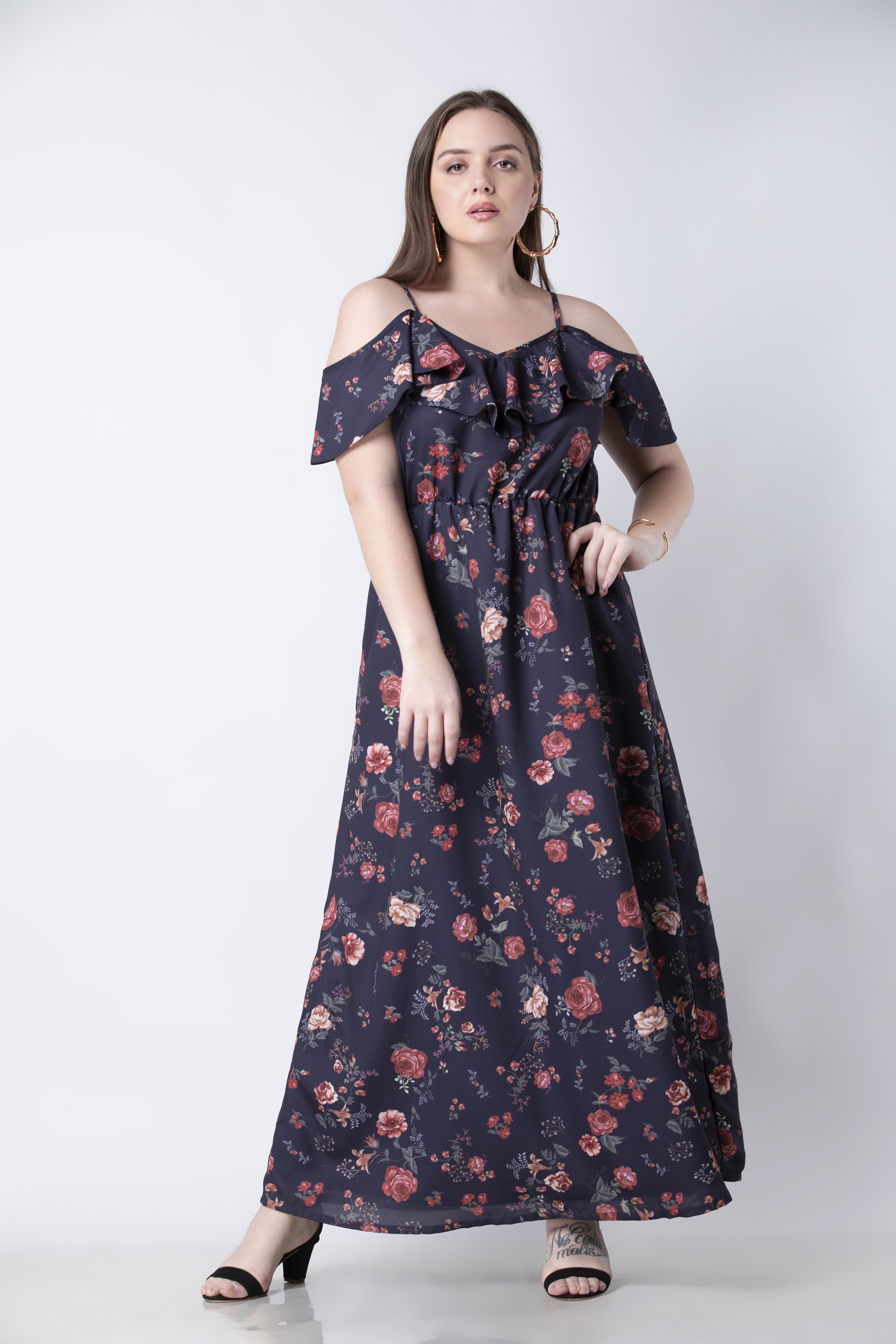 CURVE Navy Floral Cold Shoulder Maxi Dress