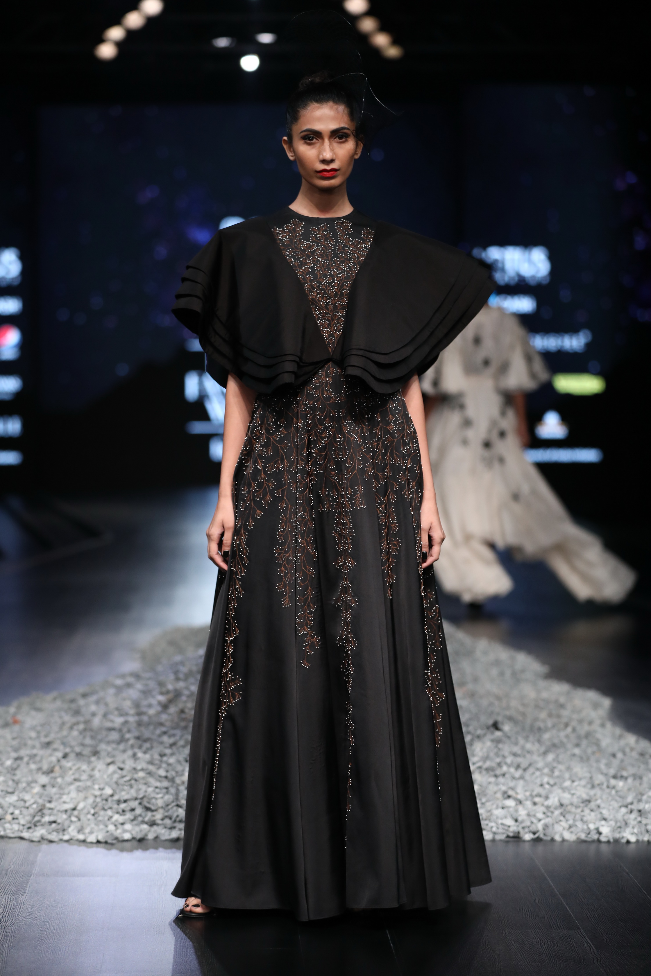 A model showcases the creations of fashion designer Samant Chauhan on the first day of Lotus Make-up India Fashion Week, in New Delhi on Oct 9, 2019. (Photo: IANS)