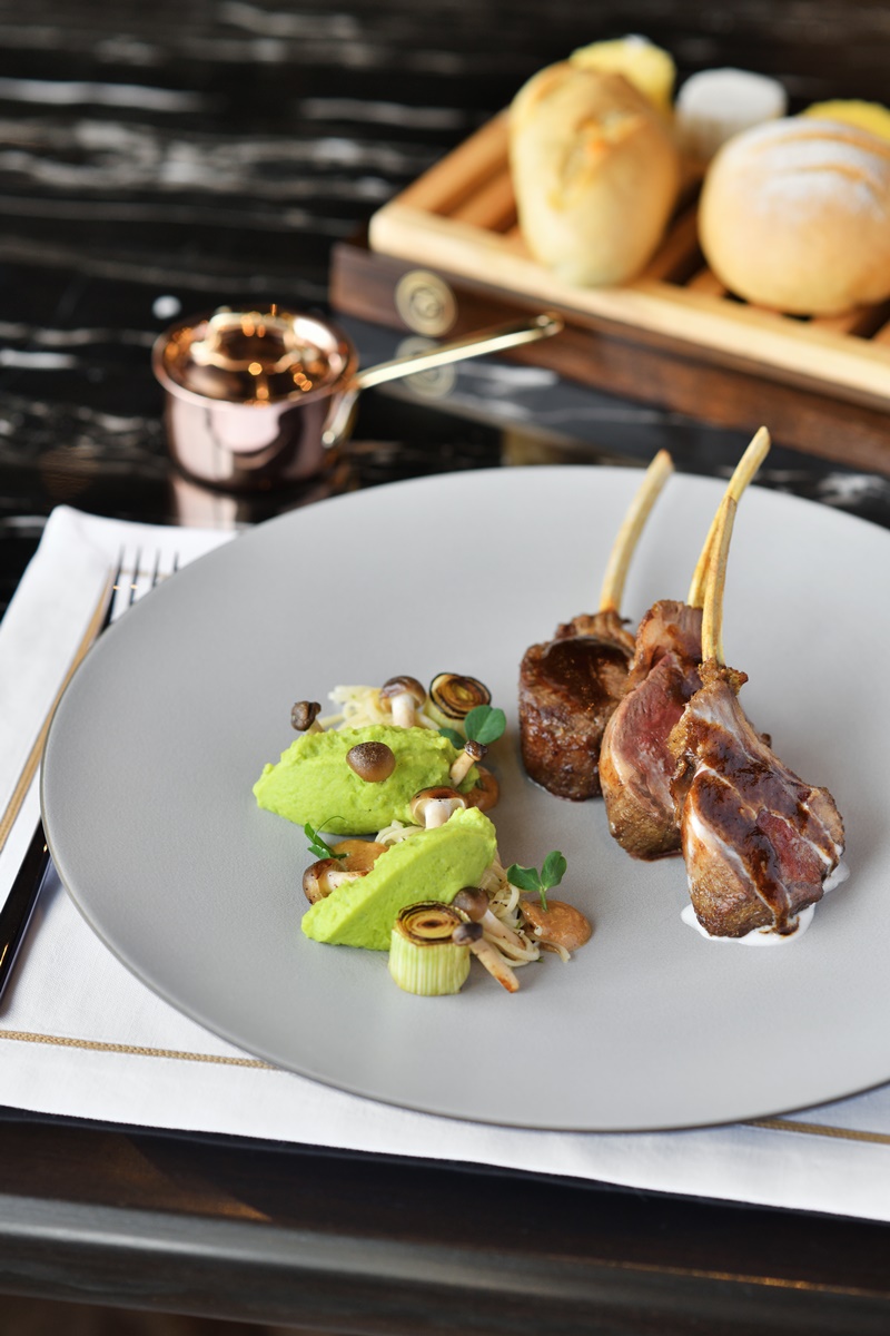 Curry Grilled Lamb Chops, Hazelnut Butter, Lemon Capellini with Green Peas Mousseline and Coconut Emulsion