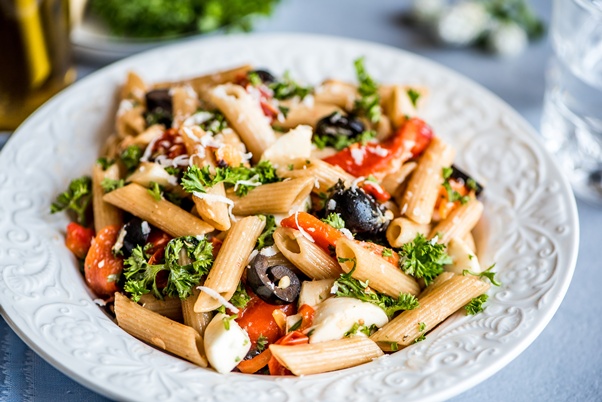 Roasted Bell Pepper and Black Olive Pasta Salad