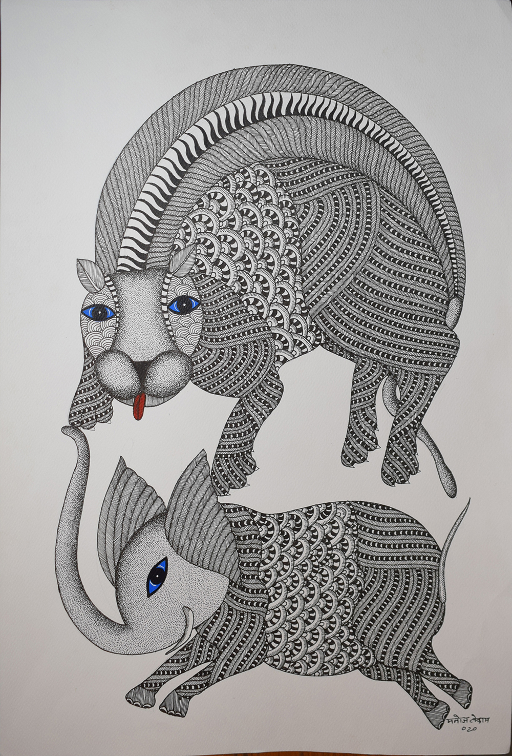 Gond-430, Artist- Manoj Tekkam, Medium-  ink on paper Size-22''x15''