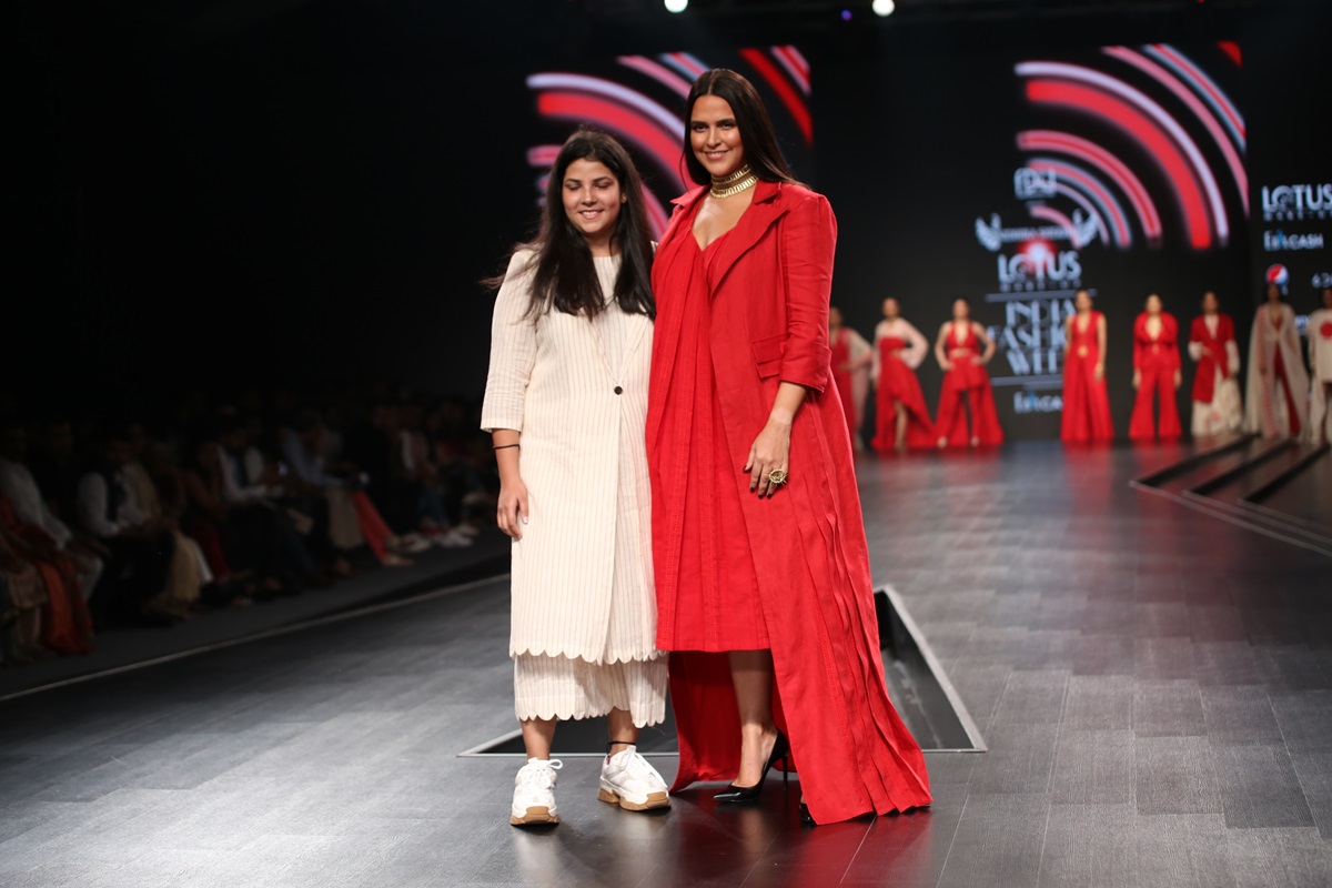 Fashion designer Nidhika Shekhar with actress Neha Dhupia on the third day of Lotus Make-up India Fashion Week, in New Delhi on Oct 11, 2019. (Photo: Amlan Paliwal/IANS)