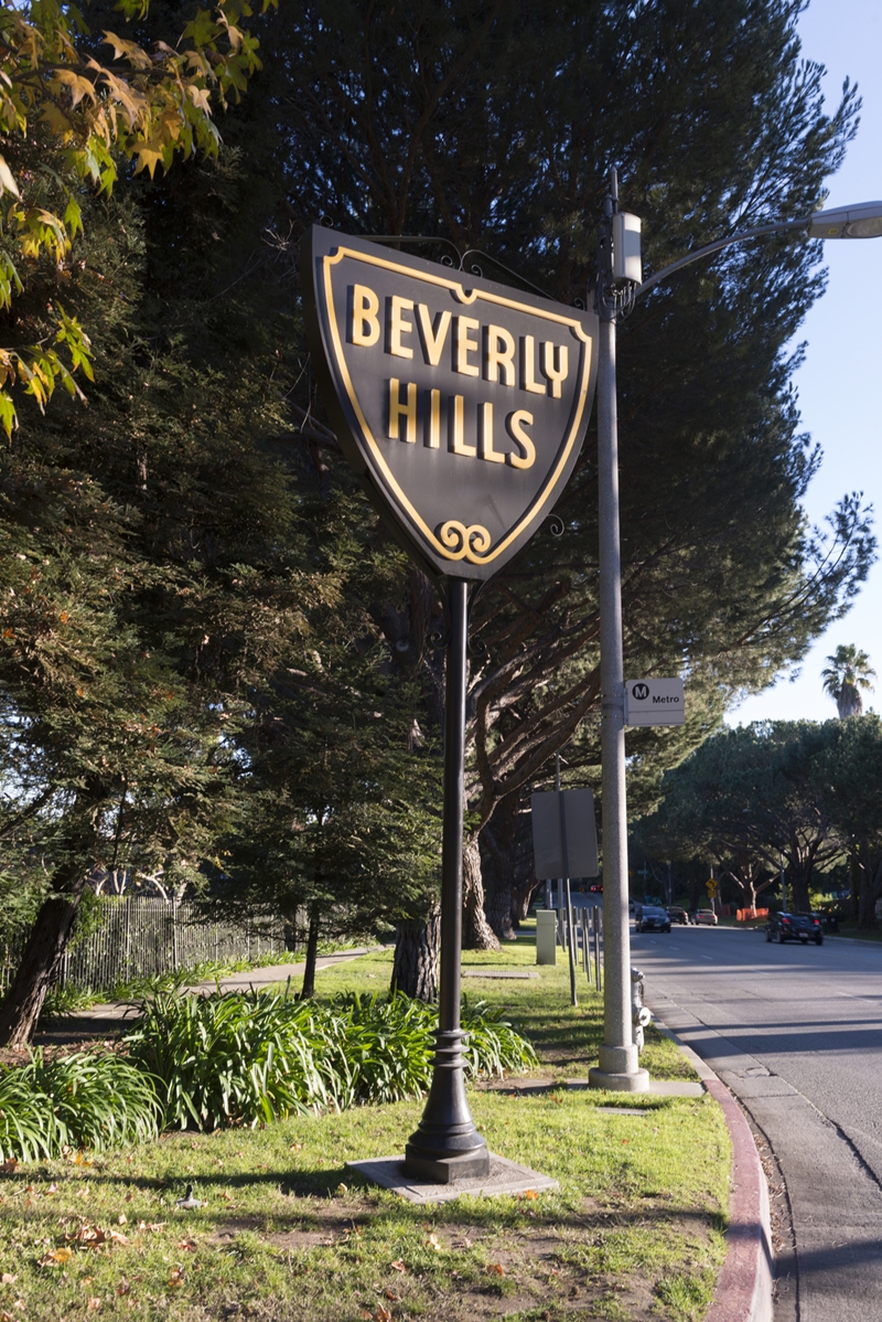 Iconic sign for the town of Beverly Hills, an affluent city in Los Angeles County, California, surrounded by the City of Los Angeles