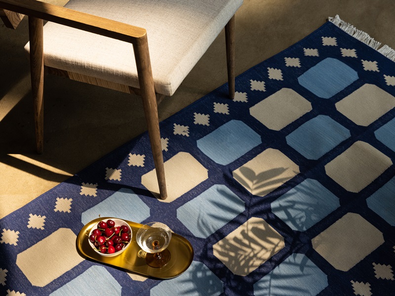 Intricate Handmade Indigo & White Patterned Rug