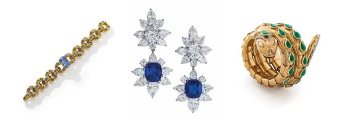 JAR Sapphire and Gold Bracelet, Mouawad Sapphire and Diamond Earrings and Bulgari Emerald, Diamond and Gold ‘Serpenti’ Bracelet-Watch