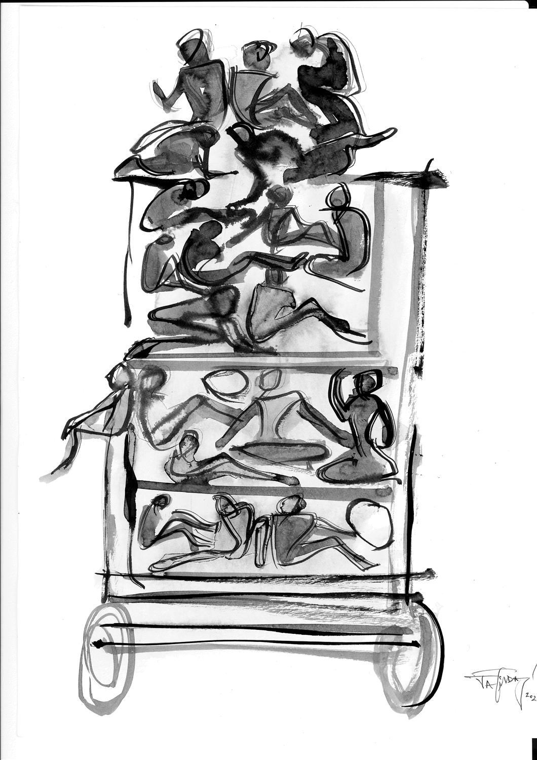 Jatin Das' Labourer Exodus 31 Ink Painting on Paper 16x12