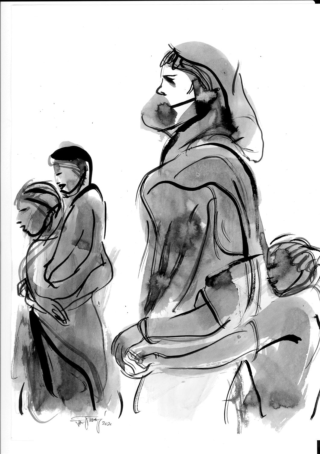 Jatin Das' Labourer Exodus 35 Ink Painting on Paper 16x12