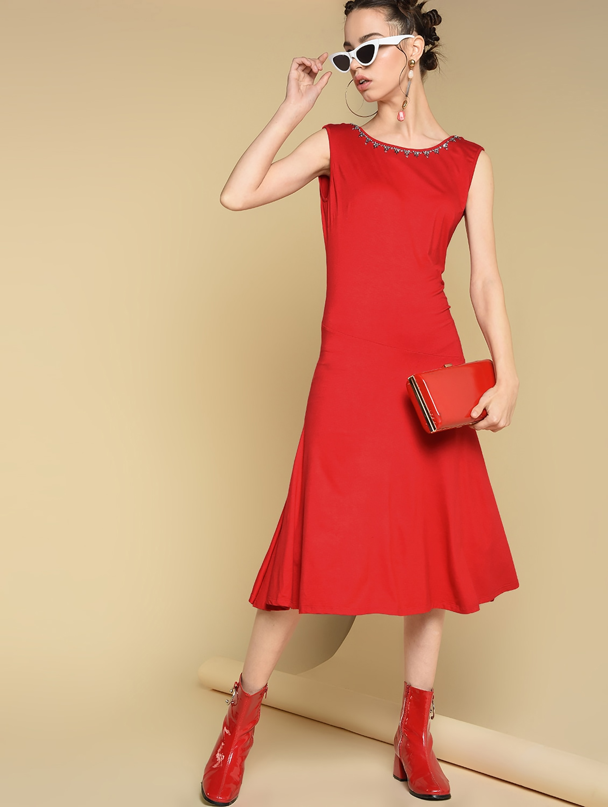 LimeRoad Low Cut Back Embellished Neck A Line Dress