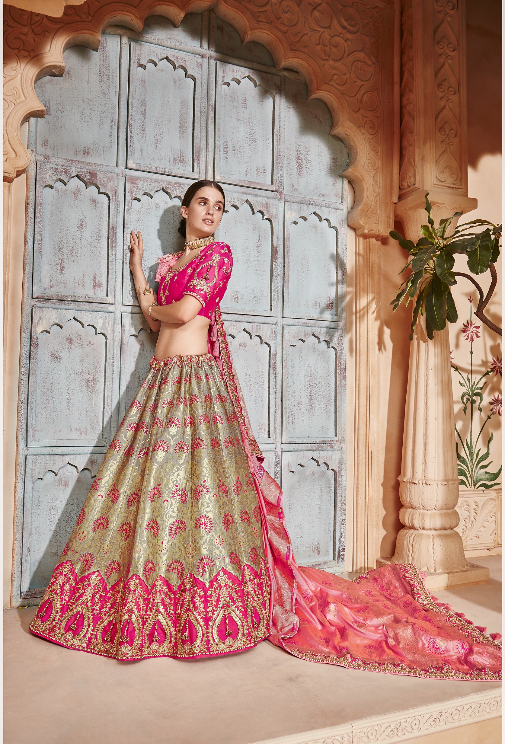 ODHNI Pink Raw Silk Royal Bridal Lehangaa