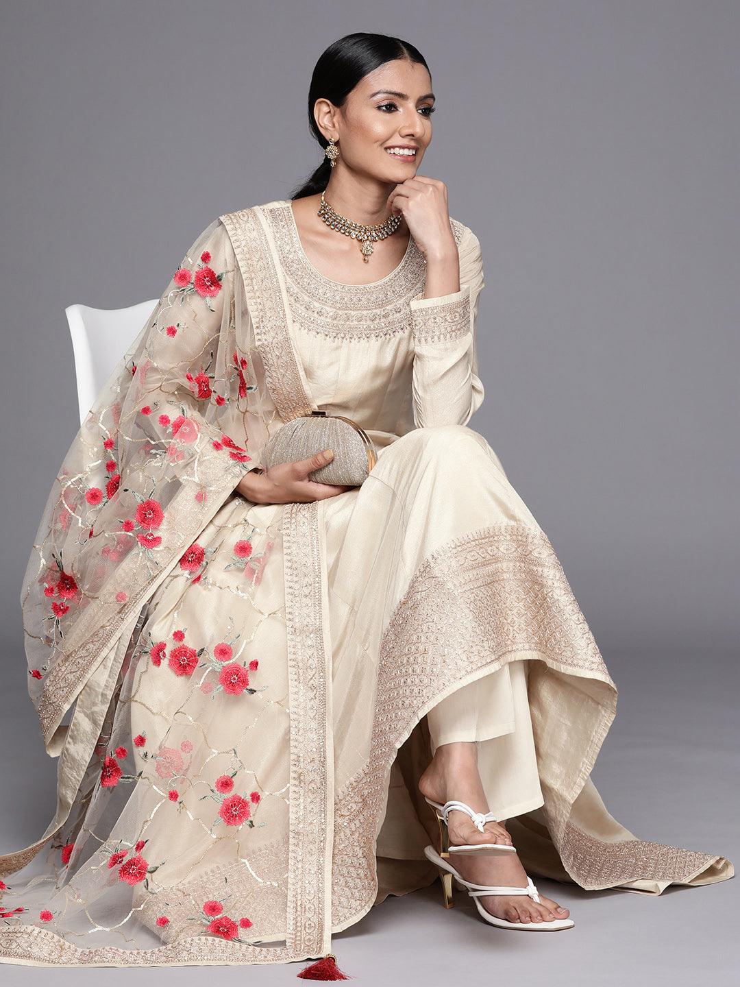 Off-White Embroidered Silk Anarkali Kurta With Trousers & Dupatta by Libas