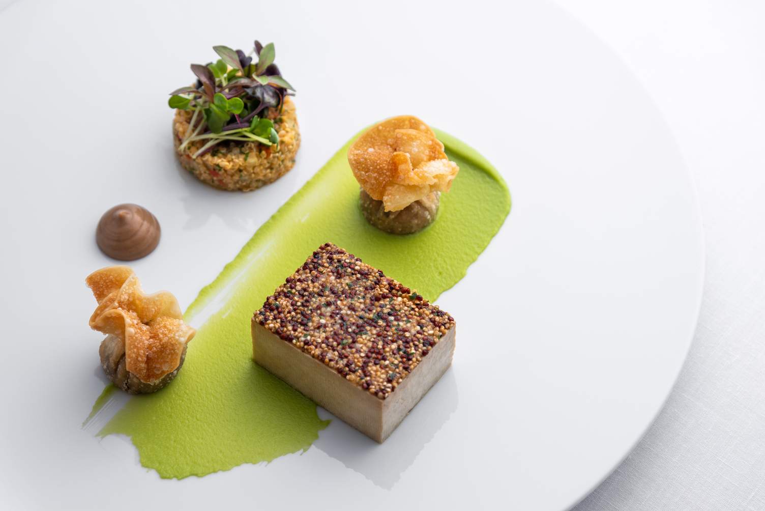 Organic Tofu quinoa-crusted, edamame dumpling, shiitake mushroom