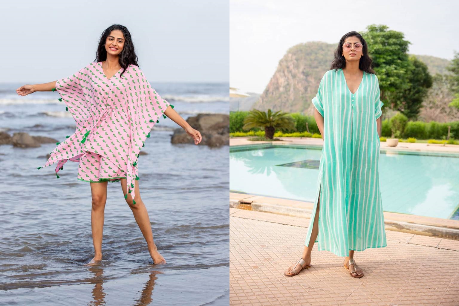 Pink short kaftan and teal blue kaftan
