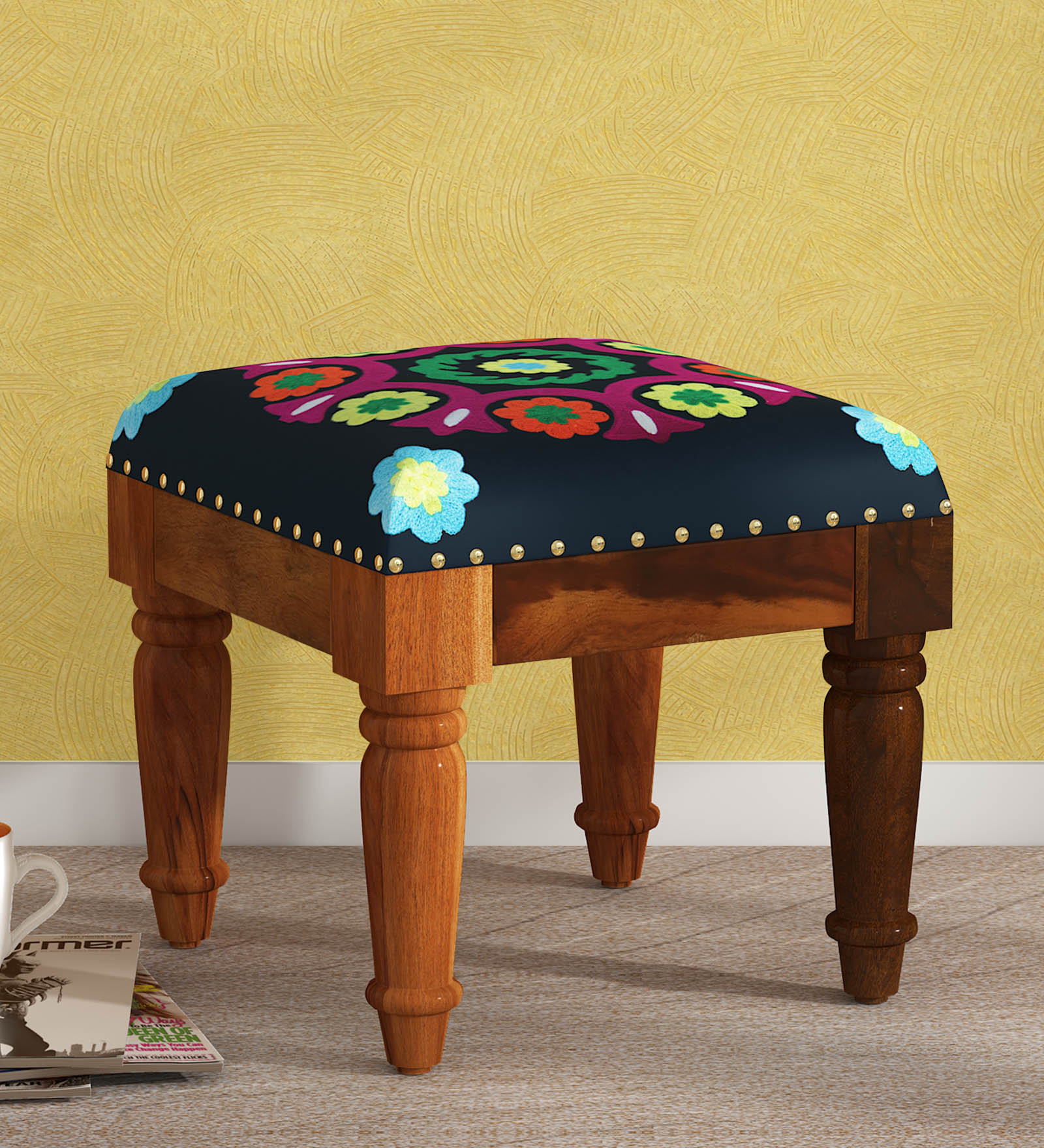 Reagan Foot Stool with Base in Provincial Teak Finish by Bohemiana from Pepperfry Ra. 6249