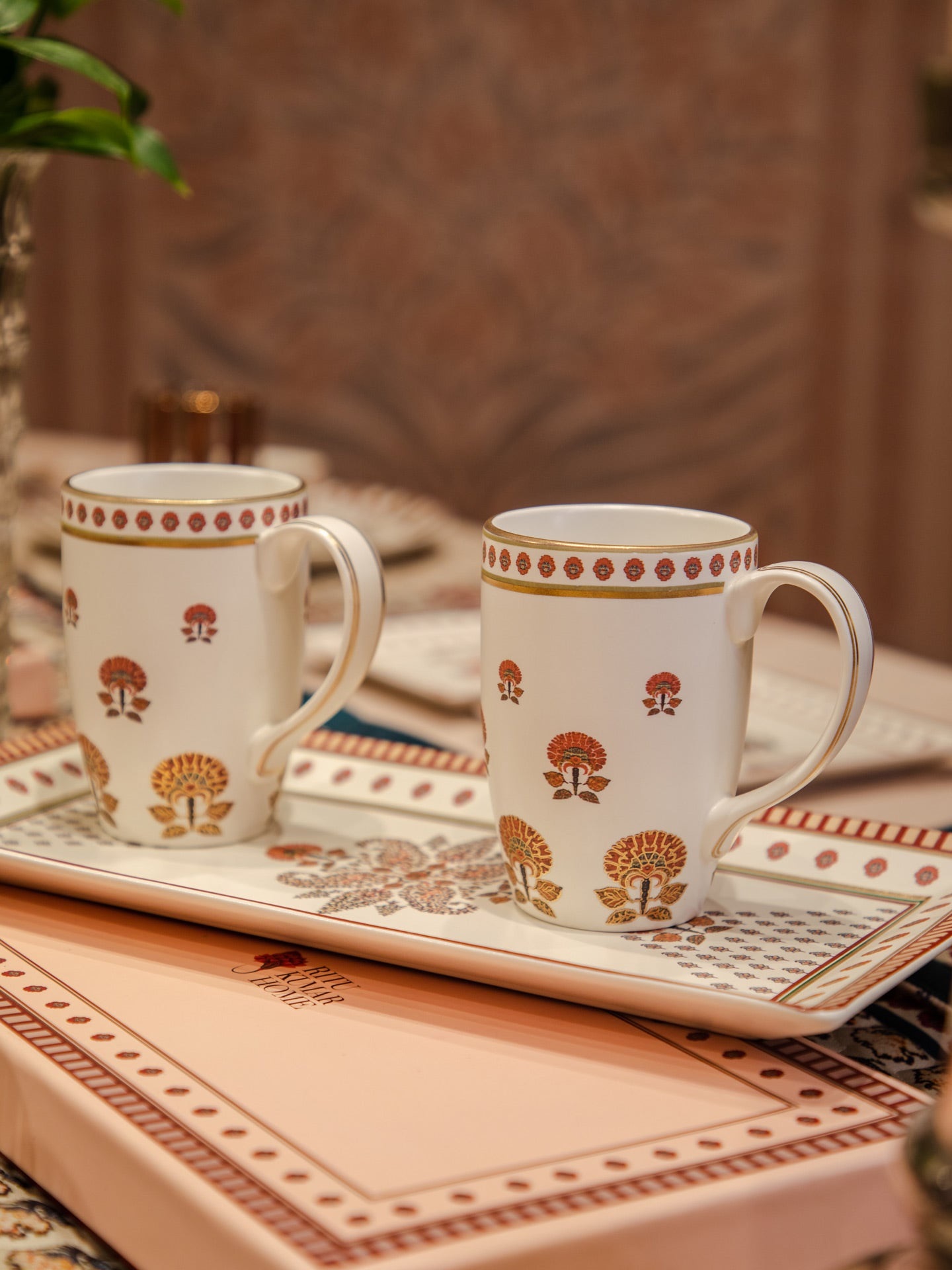  Beige Kashmiri Booti Mugs – Set of 2