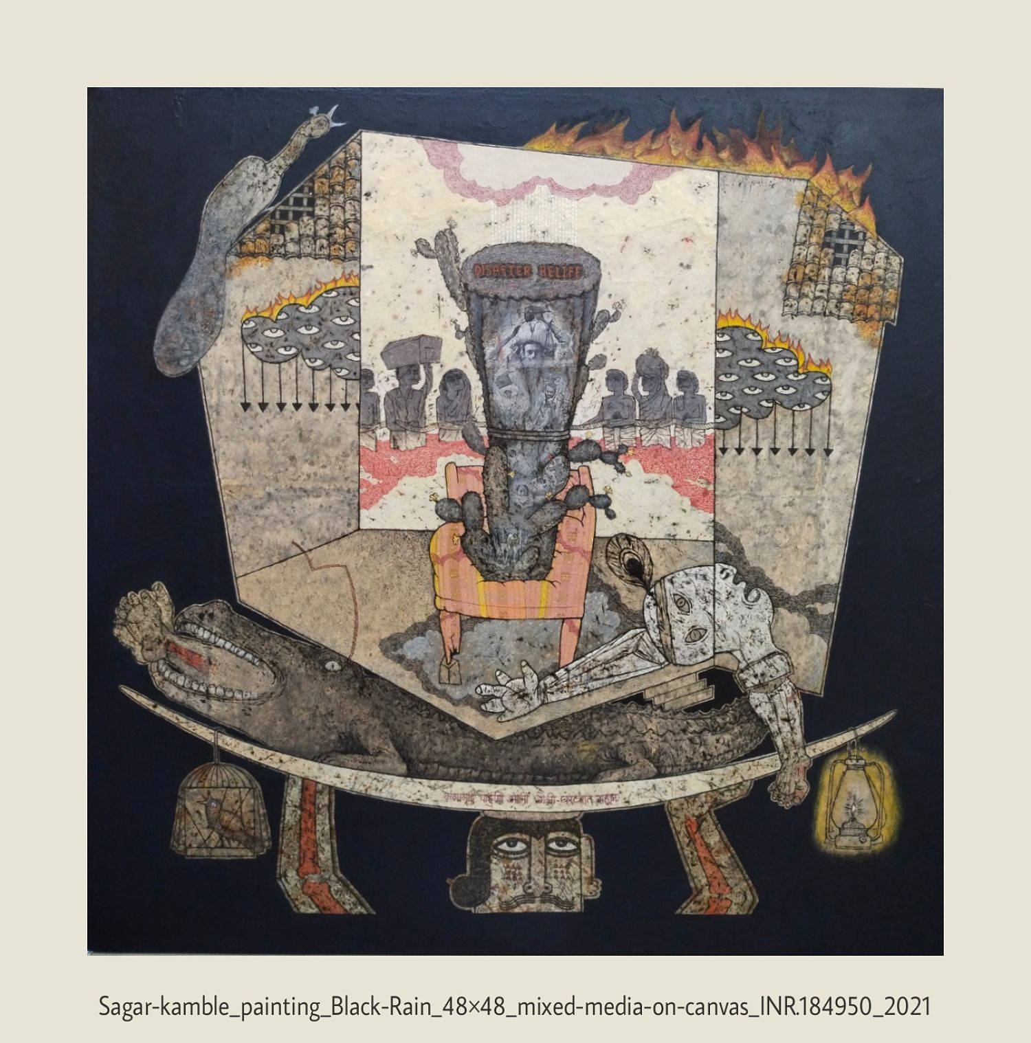 Sagar Kamble Painting, Black Rain. 48 x 48 Inches, Mixed media on Canvas.