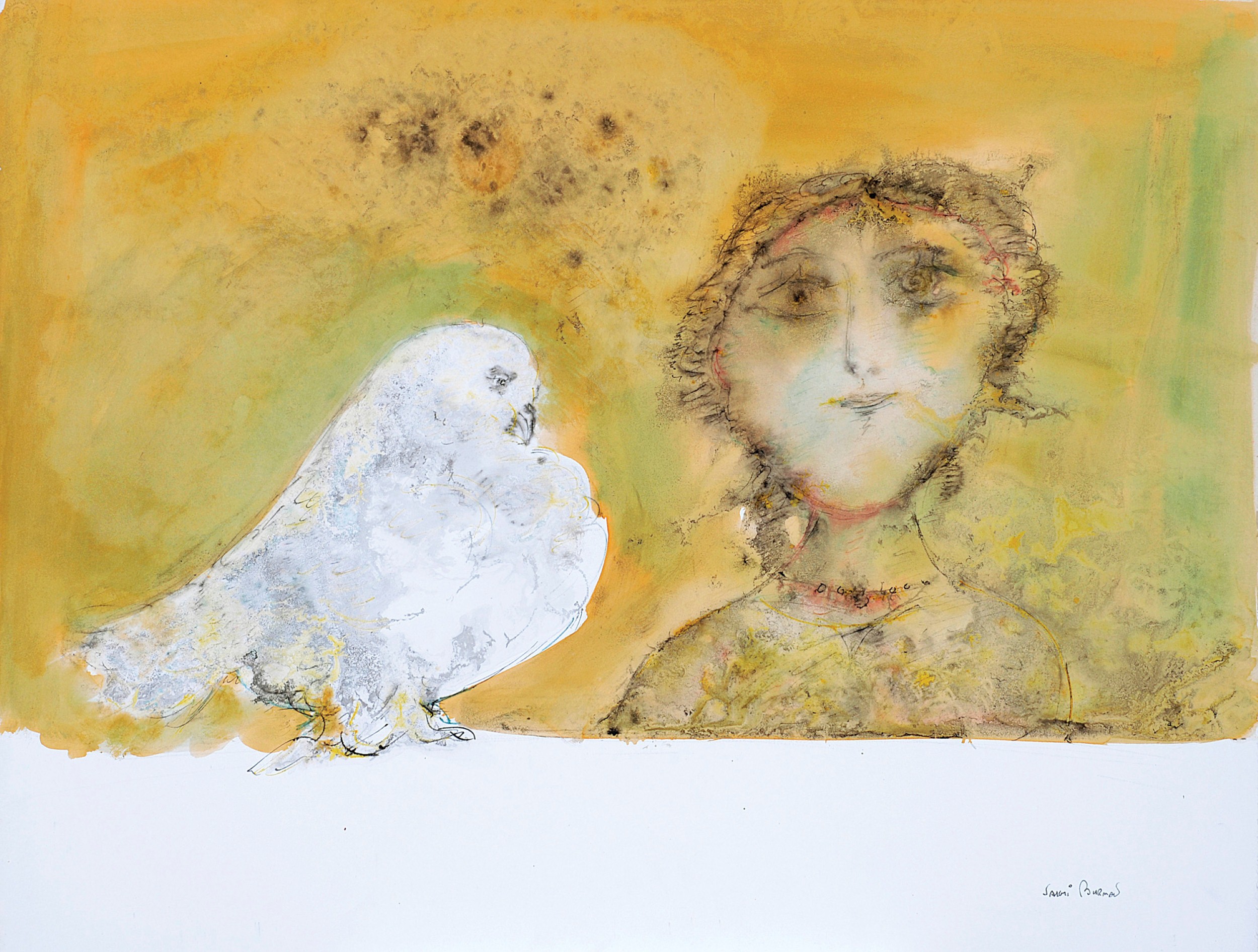 Sakti Burman, Young Girl with Pigeon, Watercolour on Paper, 49 x 63 Cms, 1970 copy (Custom)