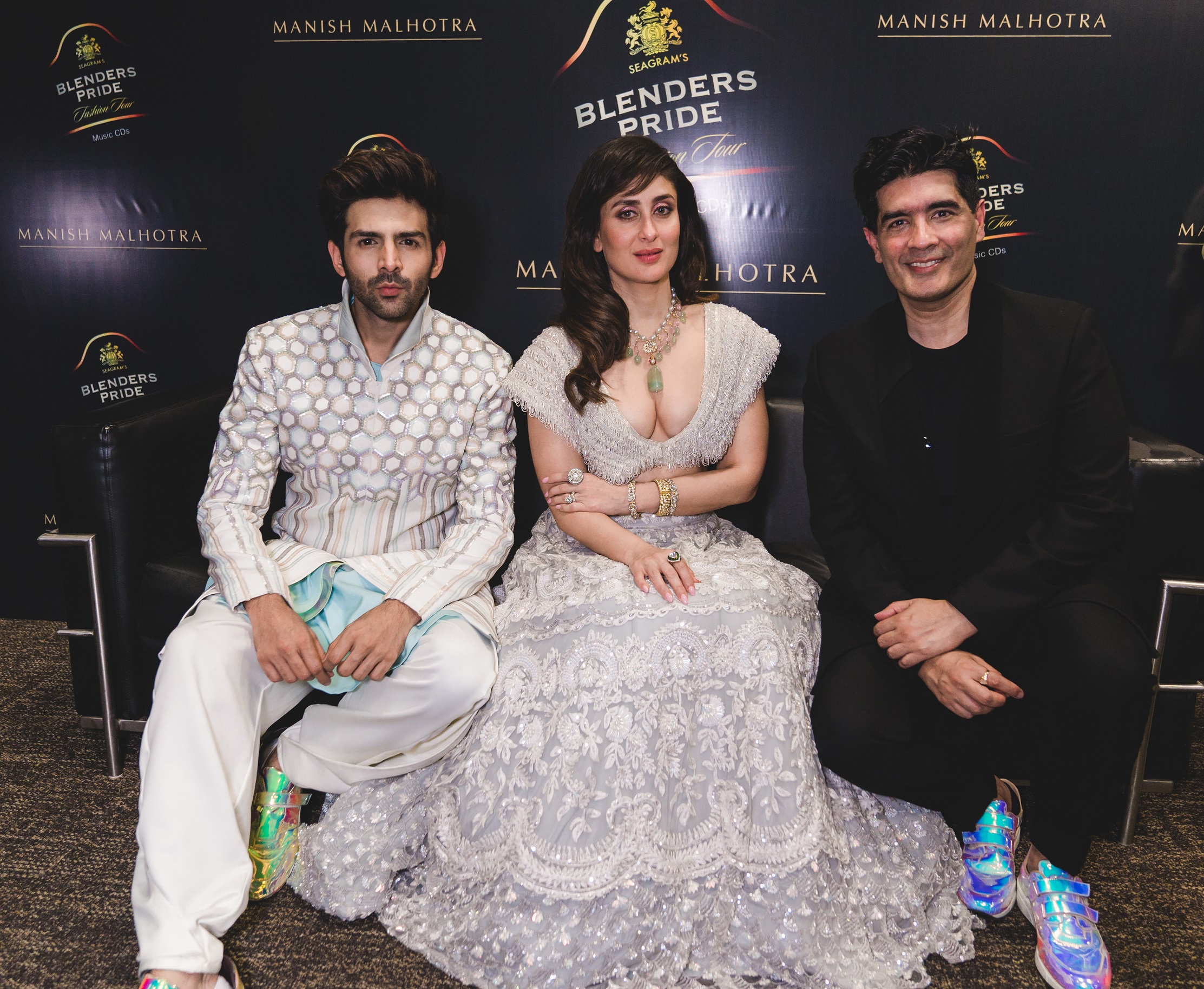 Showstoppers Kartik Aaryan and Kareena Kapoor Khan and designer Manish Malhotra at Blenders Pride Fashion Tour Hyderabad 2019-20