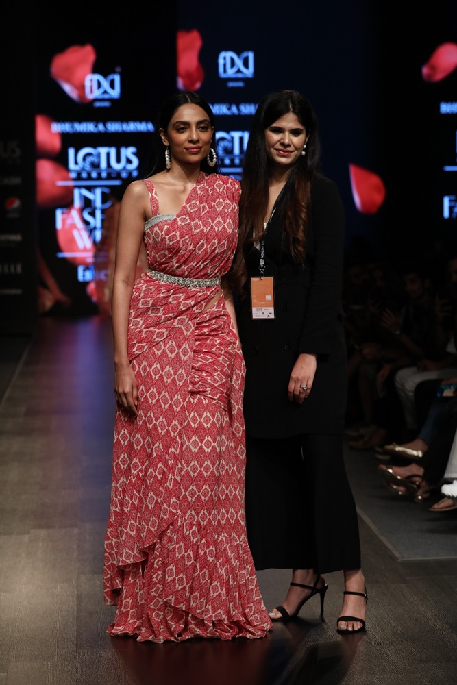 Actress Sobhita Dhulipala and fashion designer Bhumika Sharma on the third day of Lotus Make-up India Fashion Week, in New Delhi on Oct 11, 2019. (Photo: IANS)