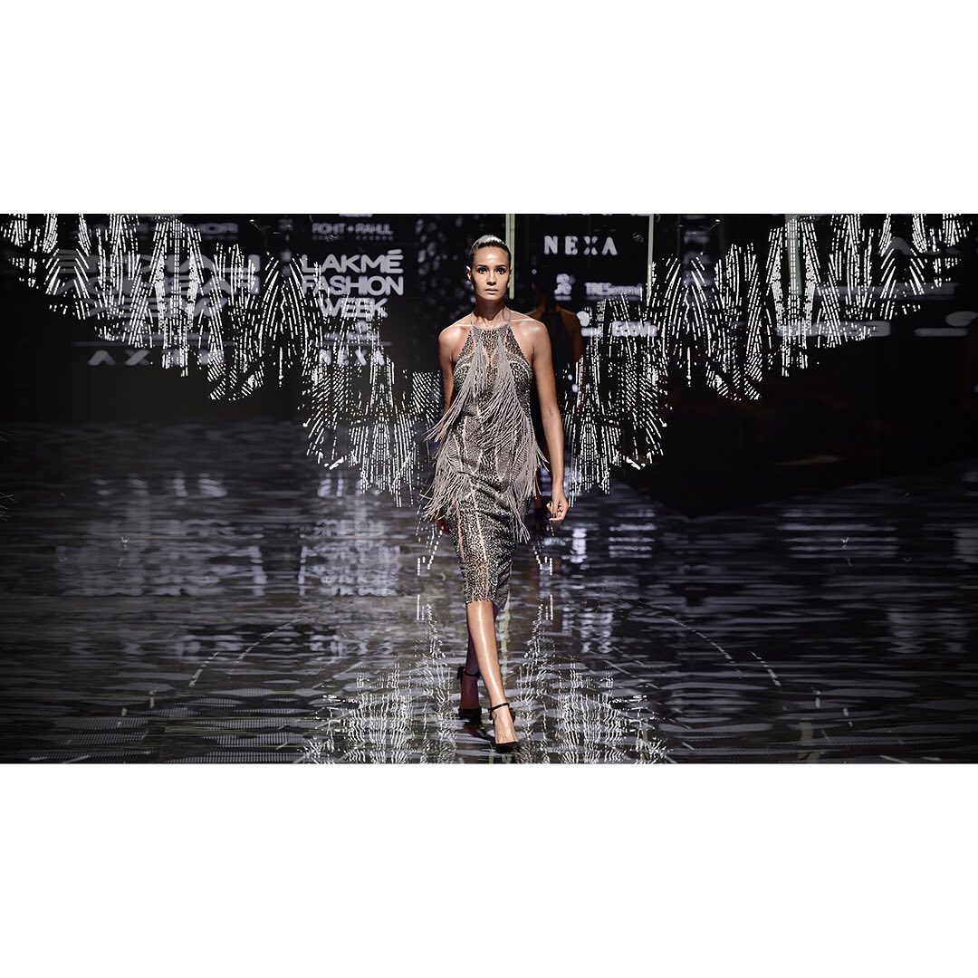 Space Grey Tasselled Dress with spectral linear beadwork and comet-like fringes