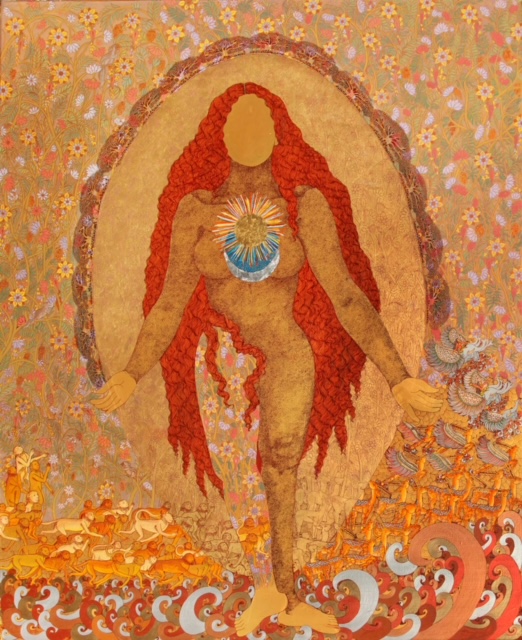 The golden womb series, 2021 (Acrylic and ink on canvas with 24ct gold and silver leaf), Seema Kohli 