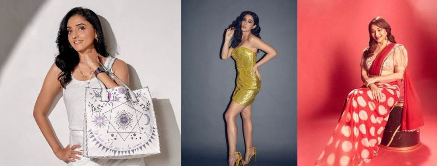 (L-R) Stylist Ami Patel with actresses Sara Ali Khan & Madhuri Dixit