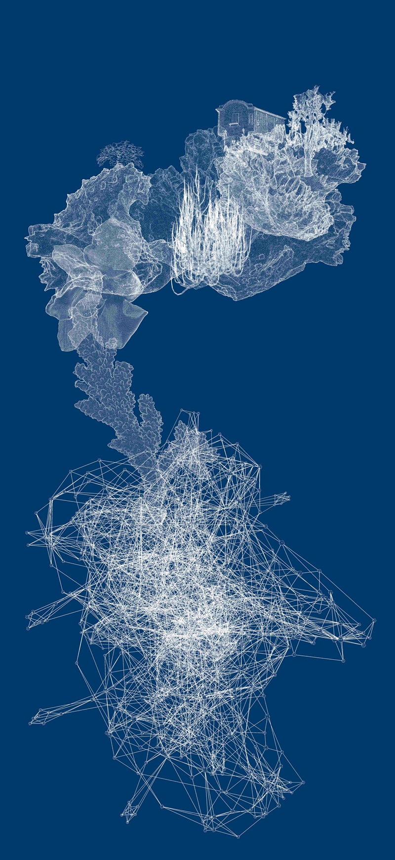 Excursive gene, 23 x 50 in, Print on archival paper, 3d scans : Neural networks, brain coral, red coral, victorian house, trees