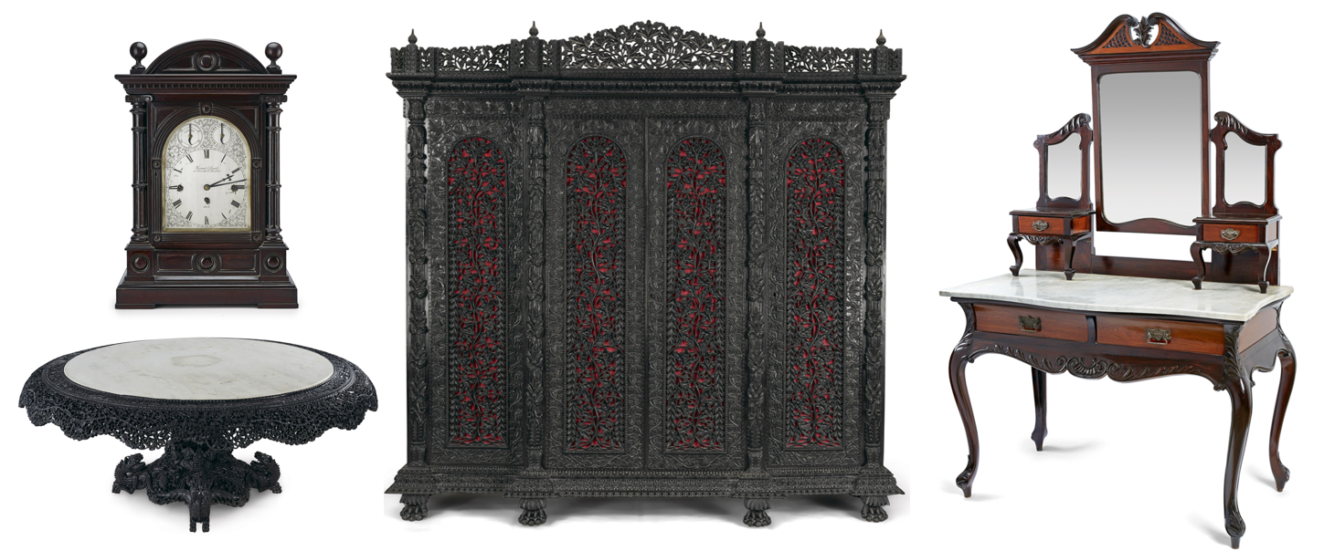 (L-R) A Victorian Bracket Clock, circa 1860;   An Exquisitely Carved Rosewood Centre Table with Variegated White Marble Top, circa 1870;     An Exceptionally Large Anglo-Indian Rosewood Wardrobe, circa 1870 Gujarat;    A Fine Teak Wood Dressing Table; circa 1910