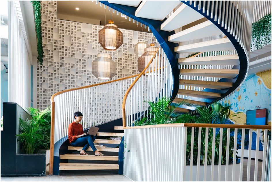 Highlight colours in meeting rooms, fostering a visual break within a meeting space, vs colours arranged to highlight a dramatic spatial connect and focus on a marque element. (Image Courtesy: COWRKS India)