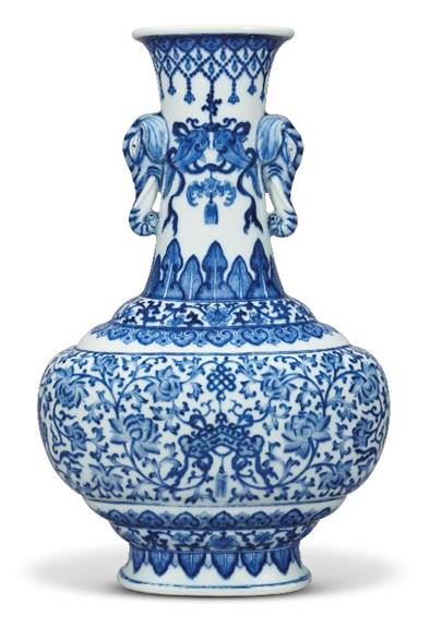 An Extremely Rare Blue And White ‘Elephant Handle’ Vase Qianlong Six-character Seal Mark In Underglaze Blue And Of The Period (1736-1795) 12.1/8 In. (30.8 Cm.) High