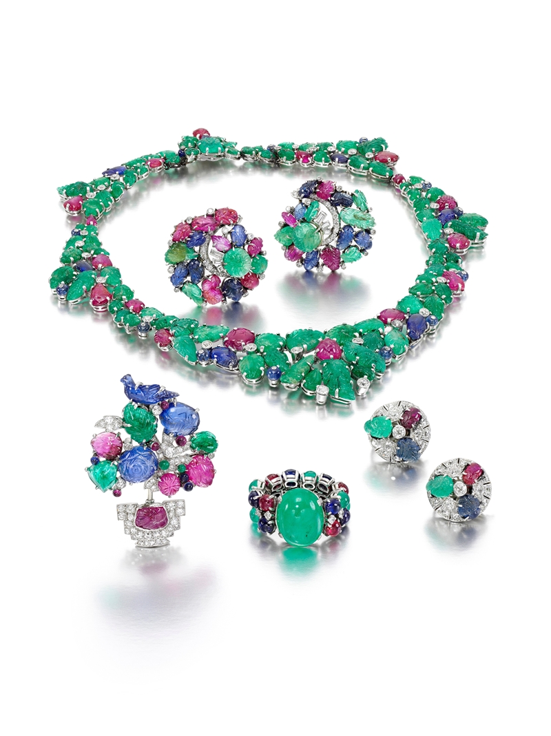'Tutti Frutti' style gem-set wreath of rubies, emerald and sapphires.