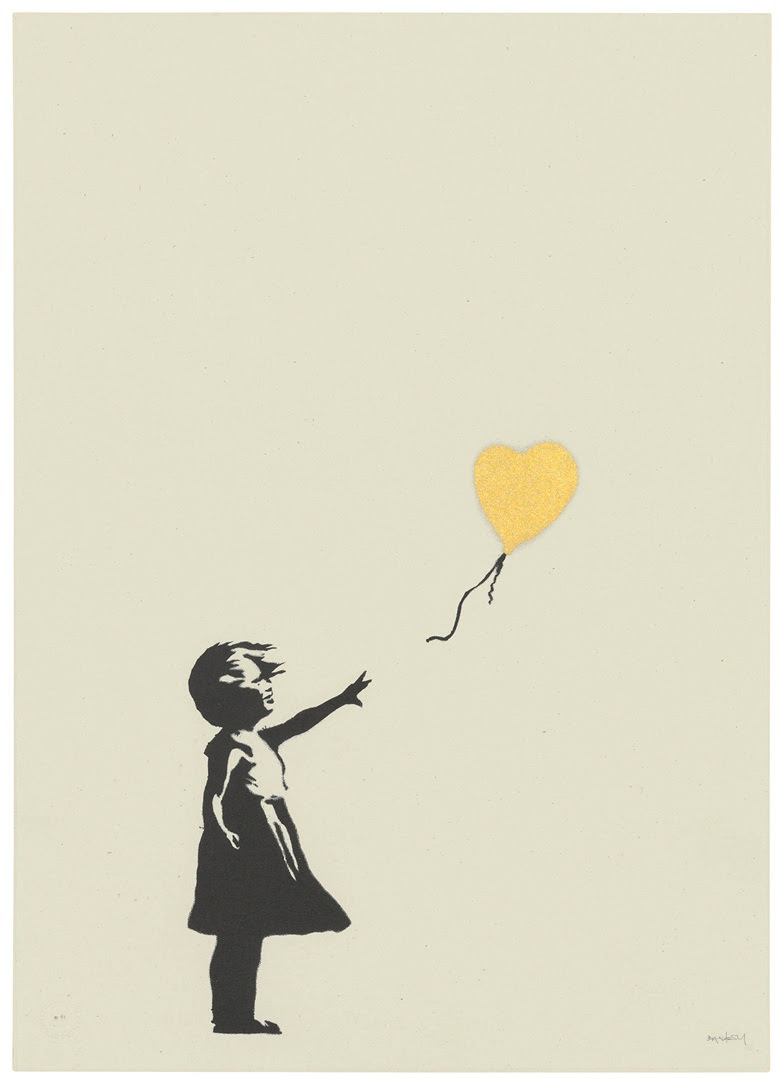 Banksy (b. 1975), Girl with Balloon — Colour AP (Gold), 2004. Screenprint in black and gold. Sheet 695 x 495 mm. Sold for £395,250, 24 Sep 2019, Online