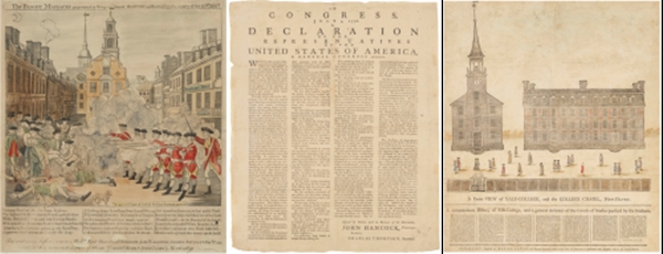(L-R) Paul Revere, A rare contemporary broadside edition of the Declaration of Independence, Daniel Bowen