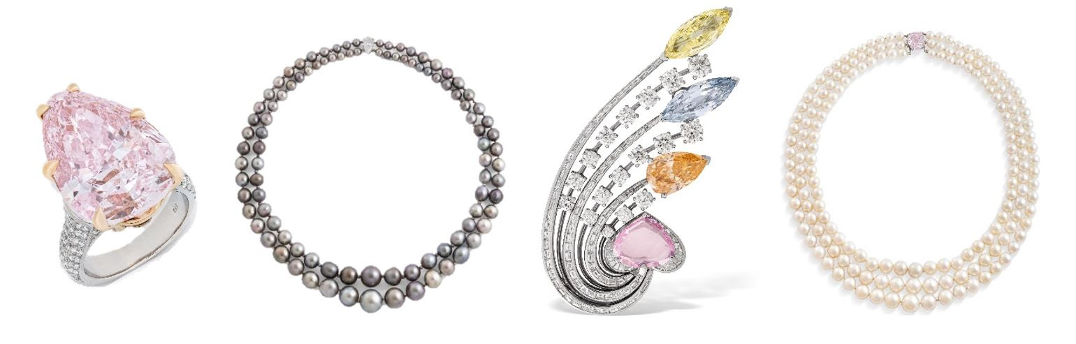 (L-R): Lot 54 a fancy pink diamond of 20.06 cts | Lot 63 a natural black pearl necklace | Lot 88-Bulgari diamond brooch | Lot 45-Harry Winston-three strand natural pearl necklace – all estimates on request