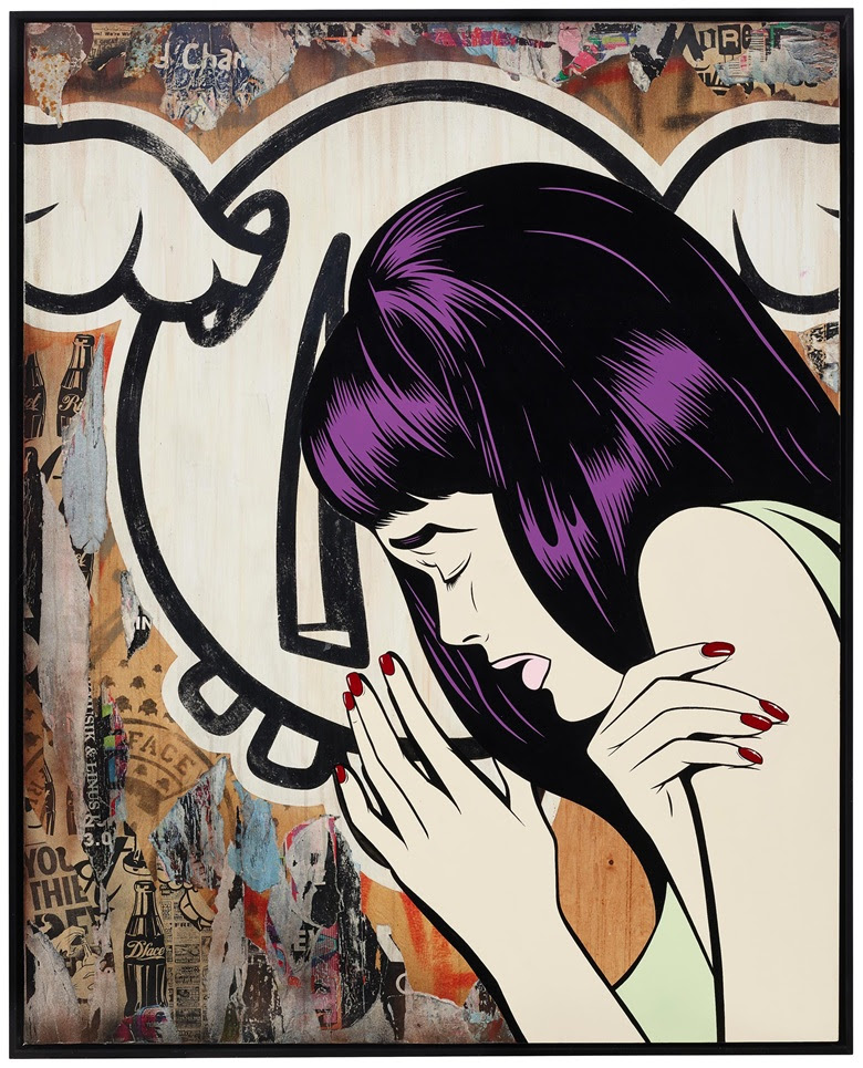 D*FACE (b. 1978), London — LA, 2014. Acrylic and printed paper collage on panel. 60 x 48 in (152.40 x 121.92 cm). Estimate: $12,000-18,000. Offered in Trespassing, 5-19 August 2020, Online