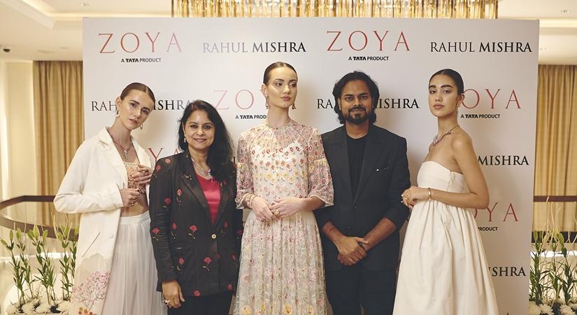 (L-R) Models wearing ZOYA - A Tata Product, Ms. Revathi Kant - Chief Design Officer, Titan Company Limited, Ace fashion couturier - Rahul Mishra
